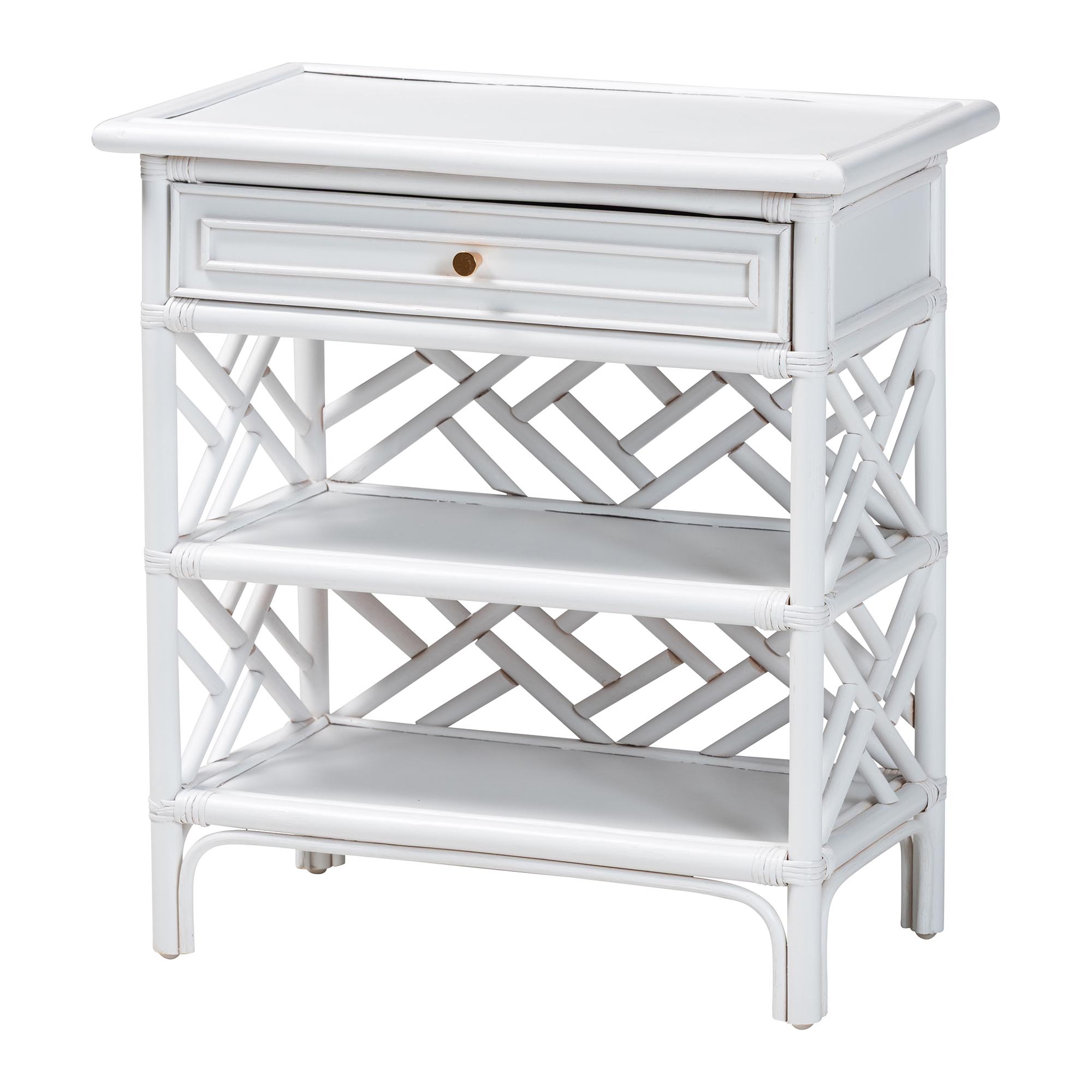 bali & pari Tiaret Natural Rattan Nightstand with Drawer and Shelves - Chippendale -Style Bedside Table for Bedroom or Coastal Living Spaces, White Affordable modern furniture in Chicago, classic bedroom furniture, modern nightstand, cheap nightstand